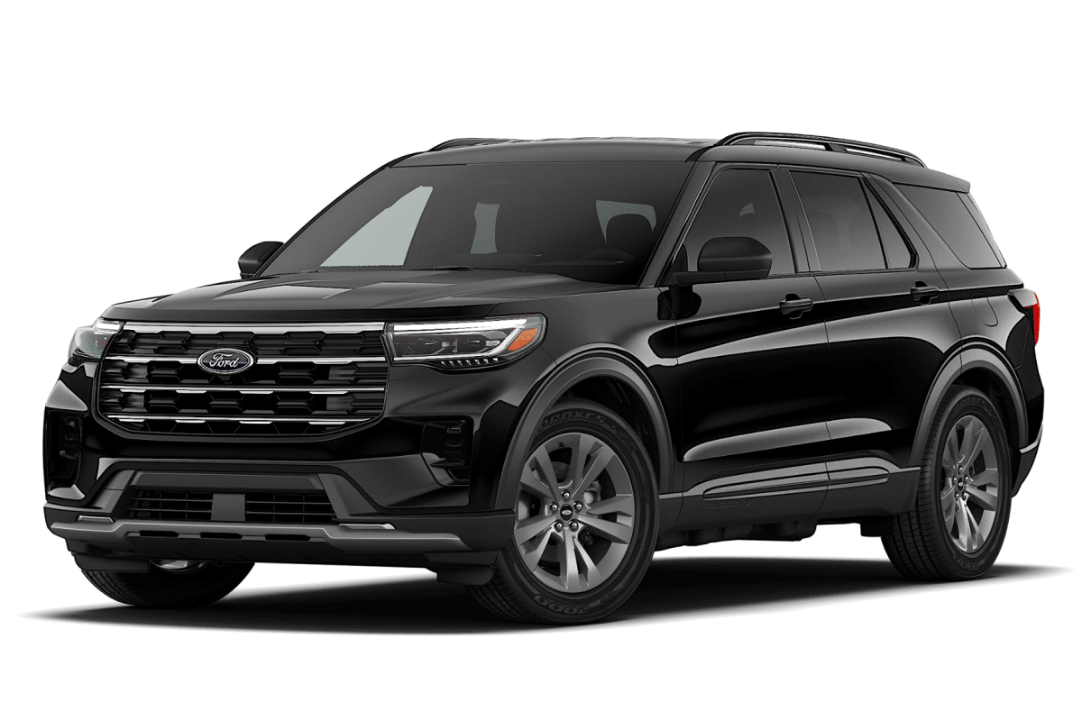 2026 Ford Explorer Active shown in Agate Black in three quarter angle.