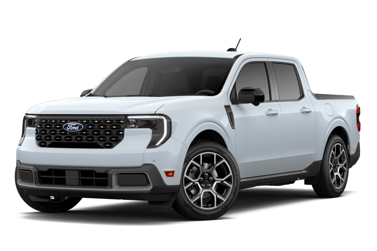 2026 Ford Maverick Lariat shown in Space White in three quarter angle.
