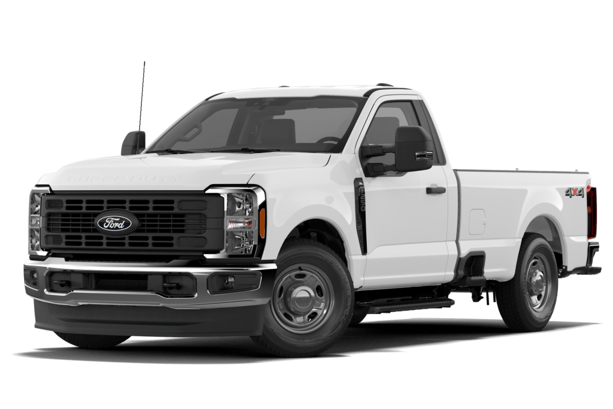 2026 Ford Super Duty F-150 XLT shown in Oxford White in three quarter angle.